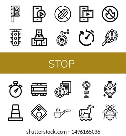 Set of stop icons such as Bus stop, Traffic light, Play button, Under construction, No food, Pocket watch, Video player, Delivery time, No fire allowed, Error, Stopwatch , stop