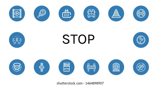 Set of stop icons such as Video player, Error, Mosquito repellent, School bus, Cone, Railroad crossing, Brake, Watch, Cigarette, Barrier, Stopwatch, No pets, Hands, Traffic sign , stop