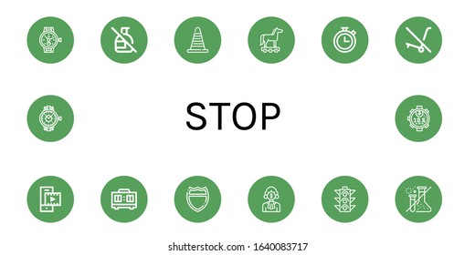 Set of stop icons. Such as Watch, No spray, Cone, Trojan horse, Chronometer, No trolley, Video player, Timer, Highway, Corruption, Traffic light, Forbidden, Stopwatch , stop icons