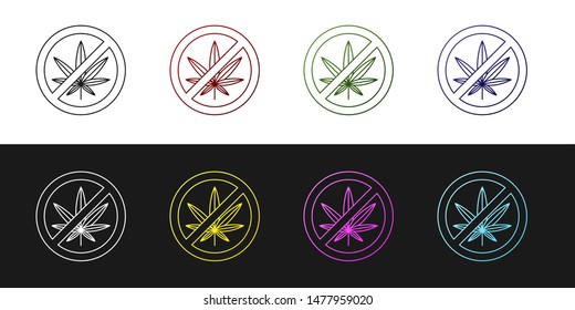 Set Stop marijuana or cannabis leaf icon isolated on black and white background. No smoking marijuana. Hemp symbol.  Vector Illustration