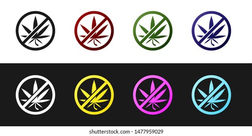 Set Stop marijuana or cannabis leaf icon isolated on black and white background. No smoking marijuana. Hemp symbol.  Vector Illustration