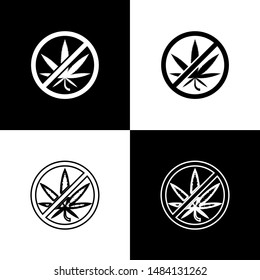 Set Stop marijuana or cannabis leaf icon isolated on black and white background. No smoking marijuana. Hemp symbol.  Vector Illustration