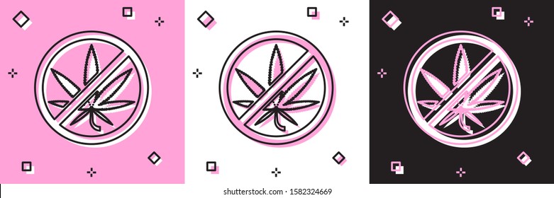 Set Stop marijuana or cannabis leaf icon isolated on pink and white, black background. No smoking marijuana. Hemp symbol.  Vector Illustration