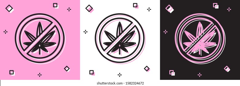 Set Stop marijuana or cannabis leaf icon isolated on pink and white, black background. No smoking marijuana. Hemp symbol.  Vector Illustration