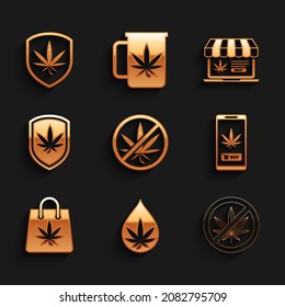 Set Stop marijuana, Marijuana or cannabis leaf oil, Online buying, Shopping bag of, Shield and,  and  icon. Vector