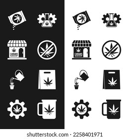 Detengan la marihuana, la marihuana y la tienda de cannabis, semillas, tubo de ensayo con, riego, bolsa de compras de, té de la copa e ícono. Vector