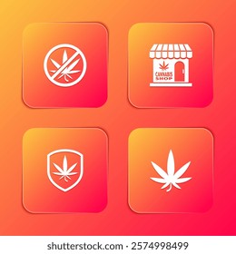 Set Stop marijuana, Marijuana and cannabis store, Shield and leaf icon. Vector