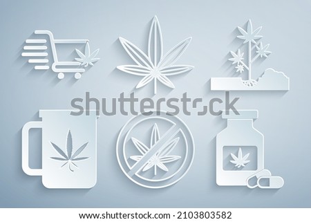 Set Stop marijuana, Planting, Cup tea with, Medical bottle, Marijuana or cannabis leaf and Shopping cart icon. Vector