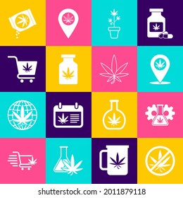 Set Stop marijuana, Test tube with, Location and, Marijuana plant in pot, Medical bottle, Shopping cart, or cannabis seeds and leaf icon. Vector