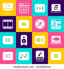 Set Stop media button, Sound or audio recorder, Music player, Fast forward, Play video, Smart Tv and Mute microphone icon. Vector