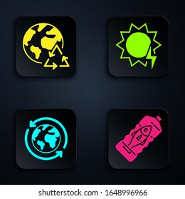 Set Stop ocean plastic pollution, Planet earth and a recycling, Planet earth and a recycling and Solar energy panel. Black square button. Vector