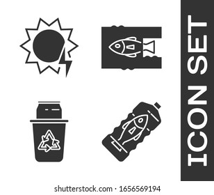 Set Stop ocean plastic pollution, Solar energy panel, Recycle bin with recycle symbol and can and Stop ocean plastic pollution icon. Vector