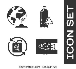Set Stop ocean plastic pollution, Earth globe and plant, Bio fuel canister and Recycling plastic bottle icon. Vector