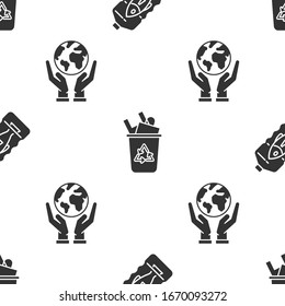 Set Stop ocean plastic pollution, Recycle bin with recycle symbol and Human hands holding Earth globe on seamless pattern. Vector