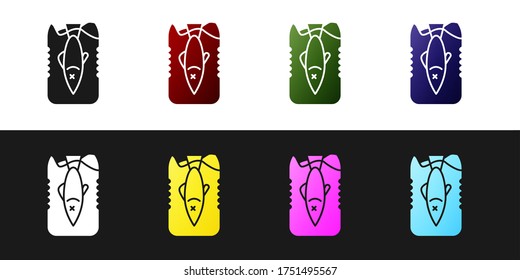 Set Stop ocean plastic pollution icon isolated on black and white background. Environment protection concept. Fish say no to plastic. Vector Illustration