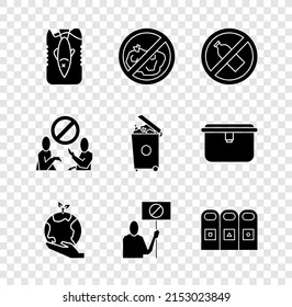 Set Stop ocean plastic pollution, No trash, bottle, Hand holding Earth globe, Nature saving protest, Trash garbage cans sorted,  and  icon. Vector