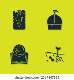 Set Stop ocean plastic pollution, Problem of planet, Earth globe and book and Bottle liquid soap icon. Vector