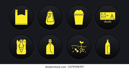 Set Stop ocean plastic pollution, Bottle of liquid soap, Problem planet, Paper glass water, for dishwashing, Lotion cosmetic tube and Plastic bag icon. Vector