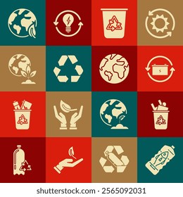 Set Stop ocean plastic pollution, Recycle bin with recycle symbol, Battery, Earth globe and plant, leaf and  icon. Vector