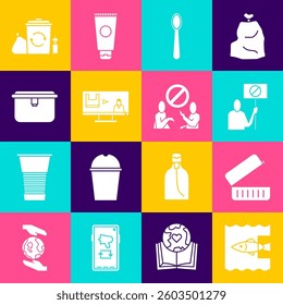 Set Stop ocean plastic pollution, Lunch box, Nature saving protest, Disposable spoon, Recycle bin with recycle and  icon. Vector