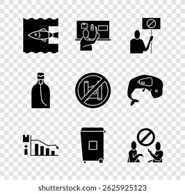 Set Stop ocean plastic pollution, Nature saving protest, Ecology infographic, Trash can, Bottle of liquid soap and Say no bags poster icon. Vector