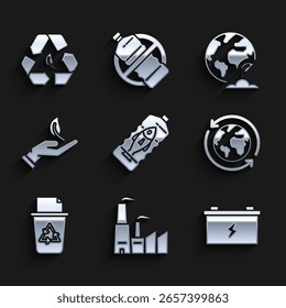 Detenga la contaminación plástica del océano, fábrica, batería de coche, planeta tierra y reciclaje, papelera de reciclaje con símbolo de reciclaje, germinar la mano de protección del medio ambiente, planta del globo terráqueo e icono de hoja. Vector
