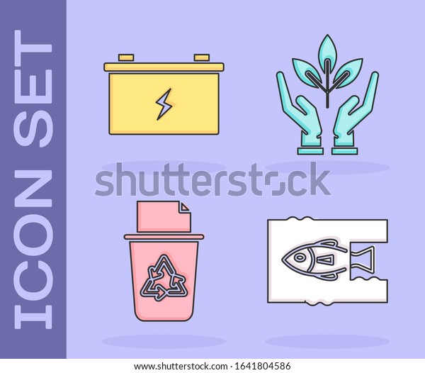 Set Stop ocean plastic pollution, Car battery,\
Recycle bin with recycle symbol and Plant in hand of environmental\
protection icon. Vector