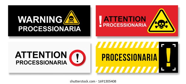 Set of Stop Pine or Oak processionary marching. Caterpillar moth procession OPM signs Tiny hairs allergic reaction. Waring Poisonous banner tree lind Beware sign Nest. Isolated vector illustration.