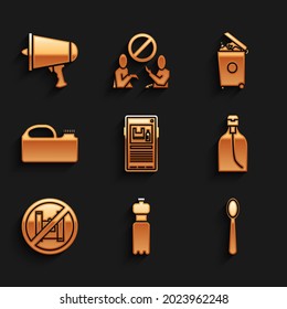 Set Stop plastic pollution, Bottle of water, Disposable spoon, liquid soap, Say no bags poster, Canister for machine oil, Trash can and Spread the word, megaphone icon. Vector