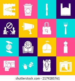 Set Stop plastic pollution, Bottle of water, Disposable fork, knife, Spread the word, megaphone, ocean and Shopping bag with recycle icon. Vector