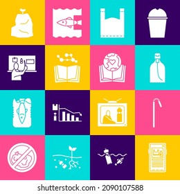 Set Stop plastic pollution, Drinking straw, Bottle of liquid soap, Plastic bag, Open book, Garbage and Earth globe and icon. Vector