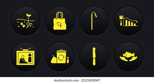 Set Stop plastic pollution, Ecology infographic, Recycle bin with recycle, Disposable knife, Drinking straw, Shopping bag, Fish care and Problem of planet icon. Vector