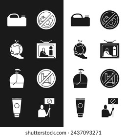 Set Stop plastic pollution, Hand holding Earth globe, Canister for machine oil, No trash, Bottle of liquid soap, Say no bags poster, Nature saving protest and Cream cosmetic tube icon. Vector