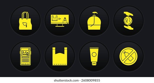 Set Stop plastic pollution, Hands holding Earth globe, Plastic bag, Cream cosmetic tube, Bottle of liquid soap, No bottle and Shopping with recycle icon. Vector