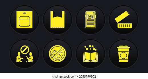 Set Stop plastic pollution, Lunch box, No trash, Open book, Plastic bag, Paper glass and Battery in pack icon. Vector