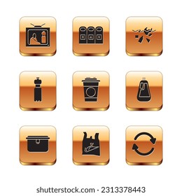 Set Stop plastic pollution, Lunch box, Dead bird,, Paper glass, Bottle of water, Problem planet, Refresh and Trash in garbage cans sorted icon. Vector