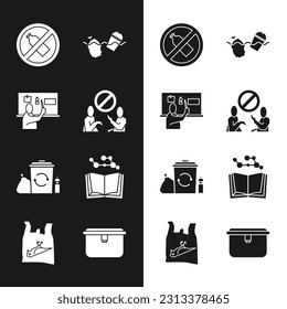 Set Stop plastic pollution, No bottle, Problem of the ocean, Recycle bin with recycle, Open book, Lunch box and Dead bird, icon. Vector