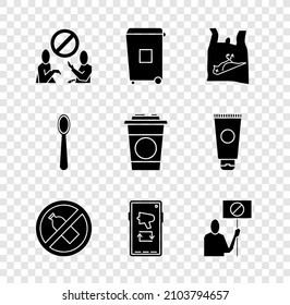 Set Stop plastic pollution, Trash can, Dead bird,, No bottle, Megaphone mobile, Nature saving protest, Disposable spoon and Paper glass icon. Vector