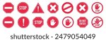 Set stop red sign icon with white hand, do not enter. Warning stop sign. Safety visual, symbol with white hand, traffic sign, red traffic, forbidden sticker, notify driver, road sign