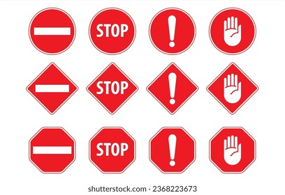 Set stop red sign icon with white hand, do not enter. Warning stop sign, Red STOP sign isolated. Vector hand, Red stop sign with big hand symbol icon vector illustration, Human palm, roadside