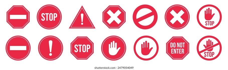 Set stop red sign icon with white hand, do not enter. Warning stop sign. Safety visual, symbol with white hand, traffic sign, red traffic, forbidden sticker, notify driver, road sign