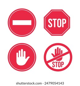 Set stop red sign icon with white hand, do not enter. Warning stop sign. Safety visual, symbol with white hand, traffic sign, red traffic, forbidden sticker, notify driver, road sign