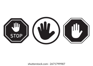 Set stop red sign icon with white hand, do not enter. Warning stop sign - stock vector