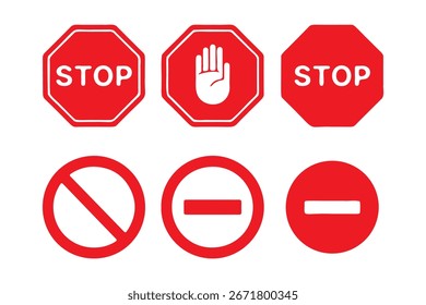Set stop red sign icon with white hand, do not enter. Warning stop sign - stock vector