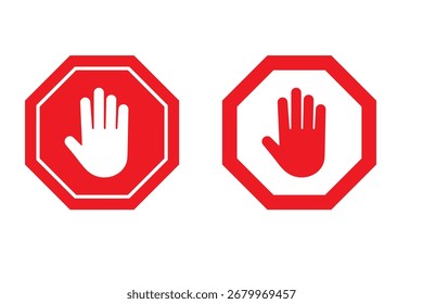 Setzen Sie Stopp rotes Zeichen Symbol mit weißer Hand, nicht eingeben. Vorrat an Warnstoppzeichen der Vektorgrafik.