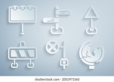 Set Stop sign with camera, Triangle warning blank, Road barrier, traffic,  and Billboard lights icon. Vector