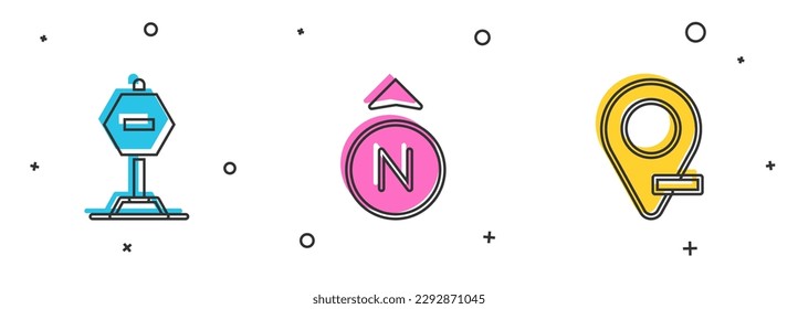 Establecer el signo de detención, la brújula y el icono de ubicación. Vector