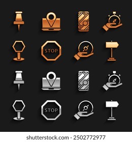 Set Stop sign, Compass, Road traffic, City map navigation, Push pin and Laptop with location marker icon. Vector