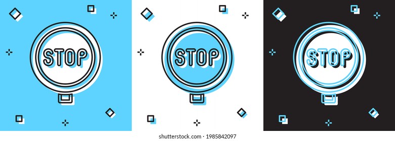 Set Stop sign icon isolated on blue and white, black background. Traffic regulatory warning stop symbol.  Vector