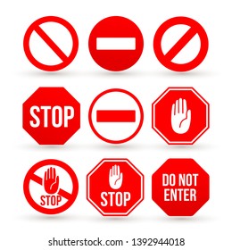 Set of Stop sign icon. No sign, red warning. Flat minimal style. Vector illustration. Isolated on white background.